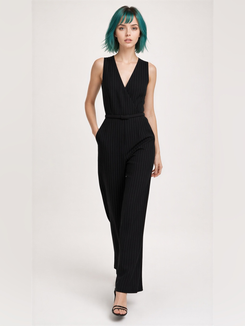 RALPH LAUREN, Black Pinstripe Sleeveless Jumpsuit with Belt, Size 8, NWT